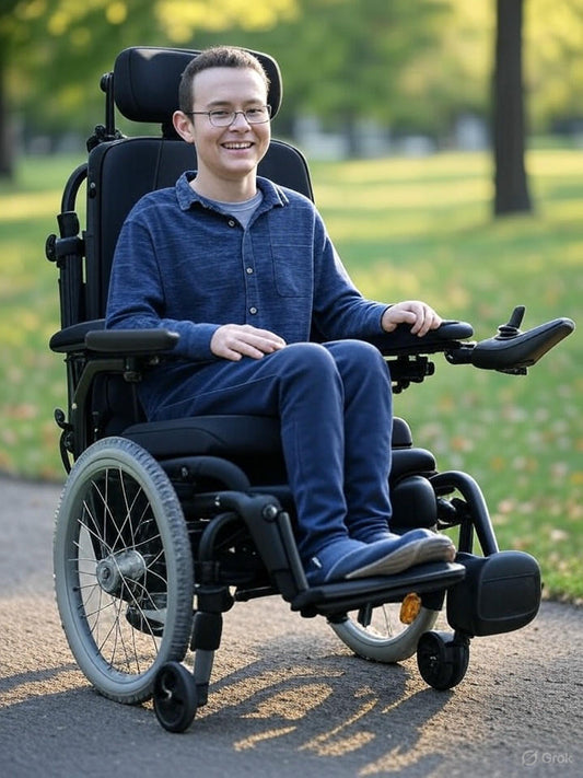 Person using an electric wheelchair outdoors with joystick controls, demonstrating independence and mobility support