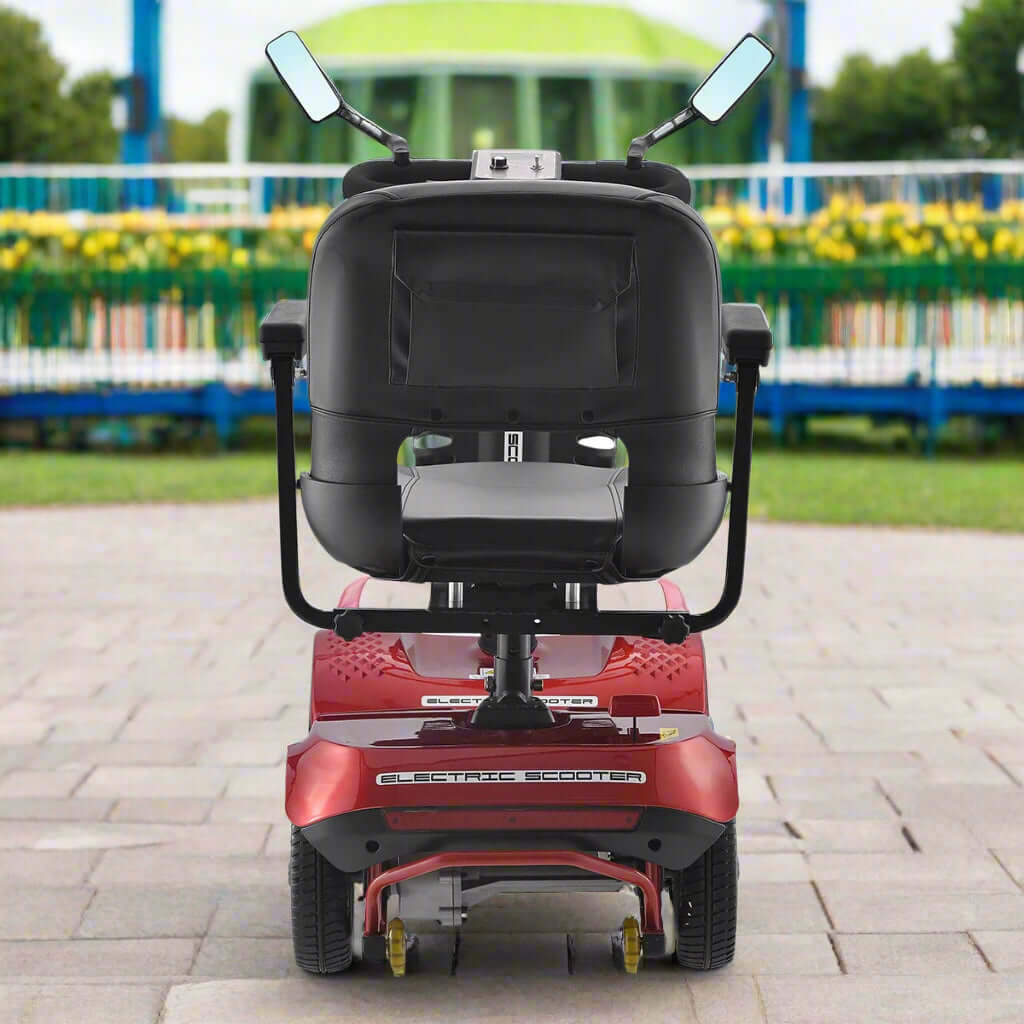 Back view of the MS018 mobility scooter showing comfortable leather seat
