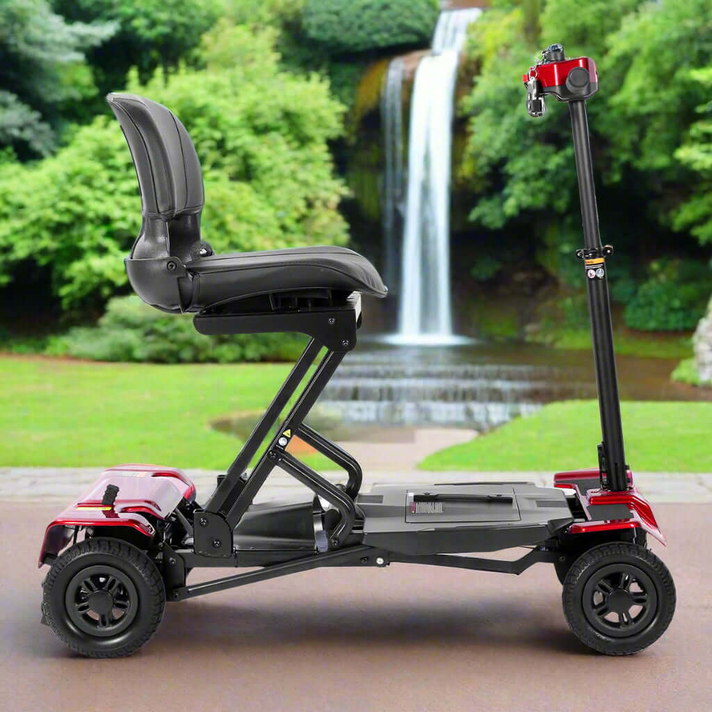 Side view of the MS211AF electric mobility scooter, highlighting its sleek design and compact size.
