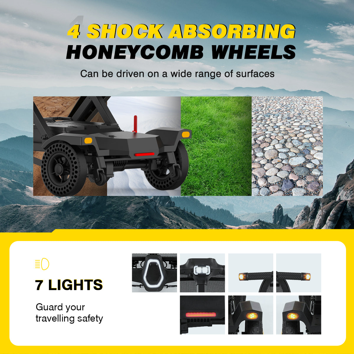 MS310AF Mobility Scooter features 7 lights and shock absorbing honeycomb wheels for travel after dark or on uneven roads.