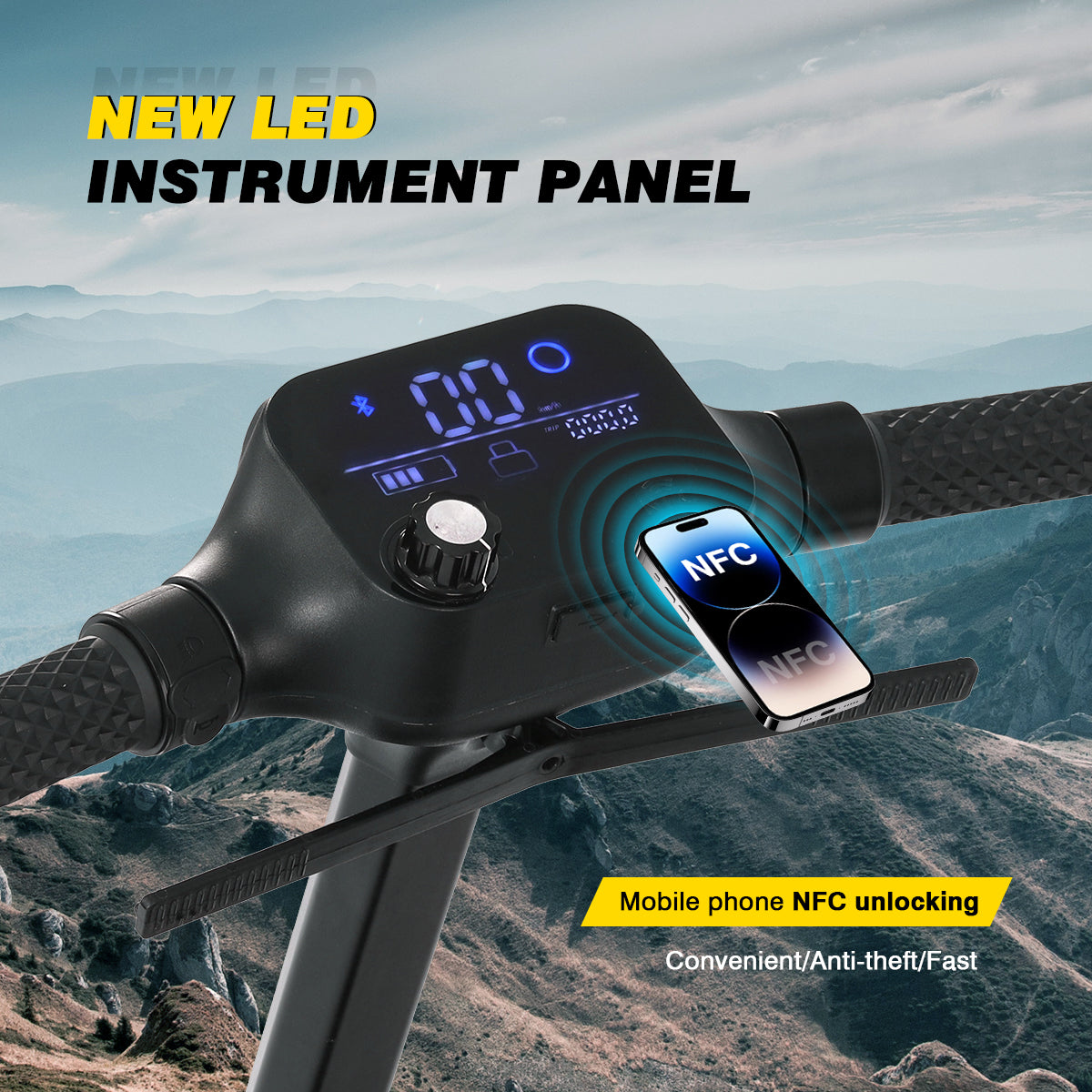 MS310AF Mobility Scooter instrument panel. Use mobile phone for NFC (Near Field Communication) unlocking.