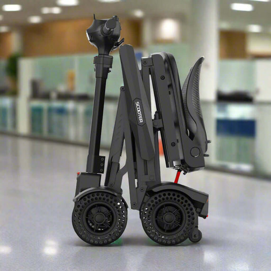 The MS310AF Mobility Scooter is neatly fully folded, showcasing its compact size (610 × 530 × 900 mm) ideal for car boots, Uber, or airline travel.