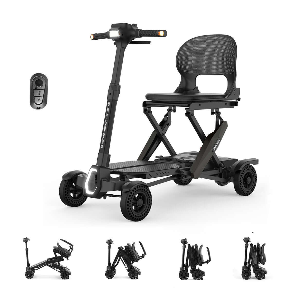 MS310AF mobility scooter in various stages of automatic folding / unfolding using remote control