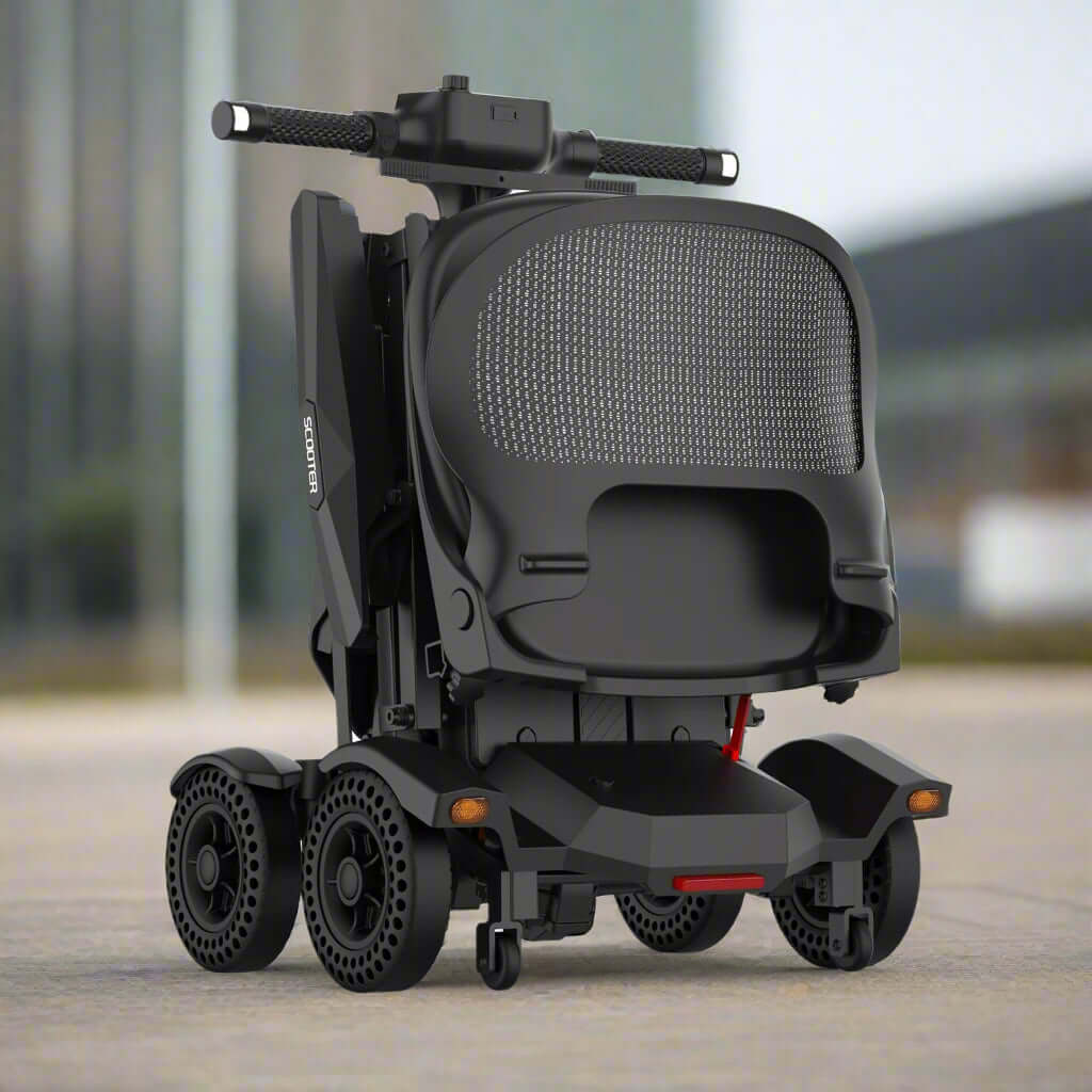 MS310AF Mobility Scooter folded compactly, demonstrating its ultra-lightweight 23.8 kg frame and portable design for car boots and public transport.