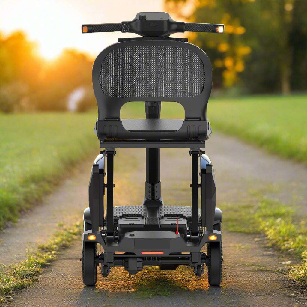 Rear view showing the MS310AF’s anti-tip wheels and 7-inch solid honeycomb tires for shock absorption and added stability.