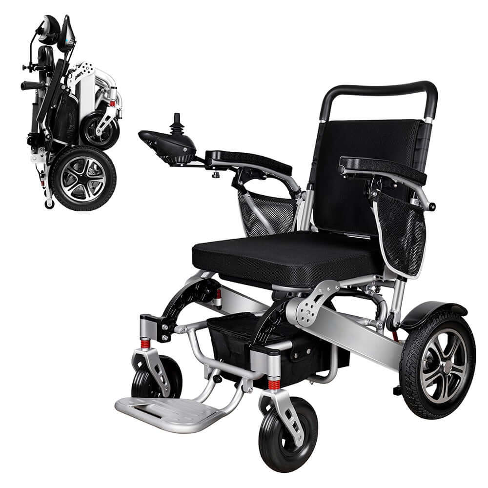 MW8000 Foldable electric wheelchair, folded and unfolded, showing its compact design and usability