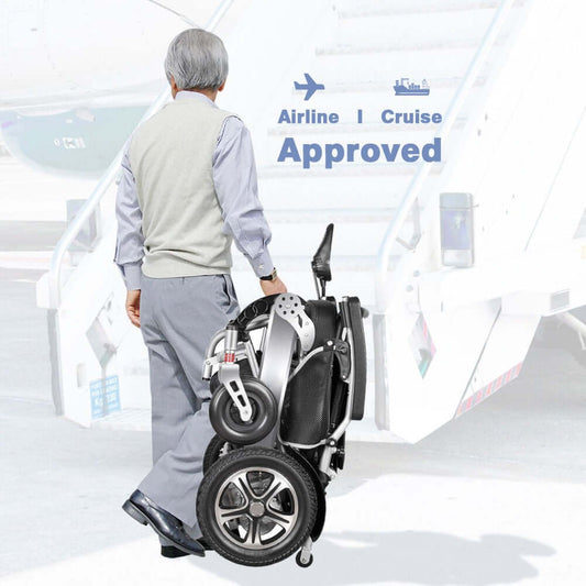 The compact, lightweight, folded MA-WA8000 Electric Wheelchair measuring 63 × 37 × 75 cm highlights its portability, airline and cruise ship ready