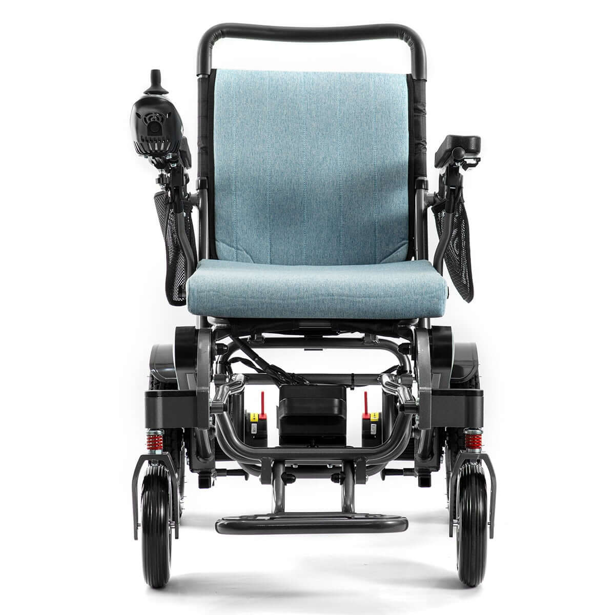 Close-up of the MW9000UP Electric Wheelchair’s ergonomic seat and adjustable armrests, highlighting the plush cushioning and 360° joystick for easy navigation.