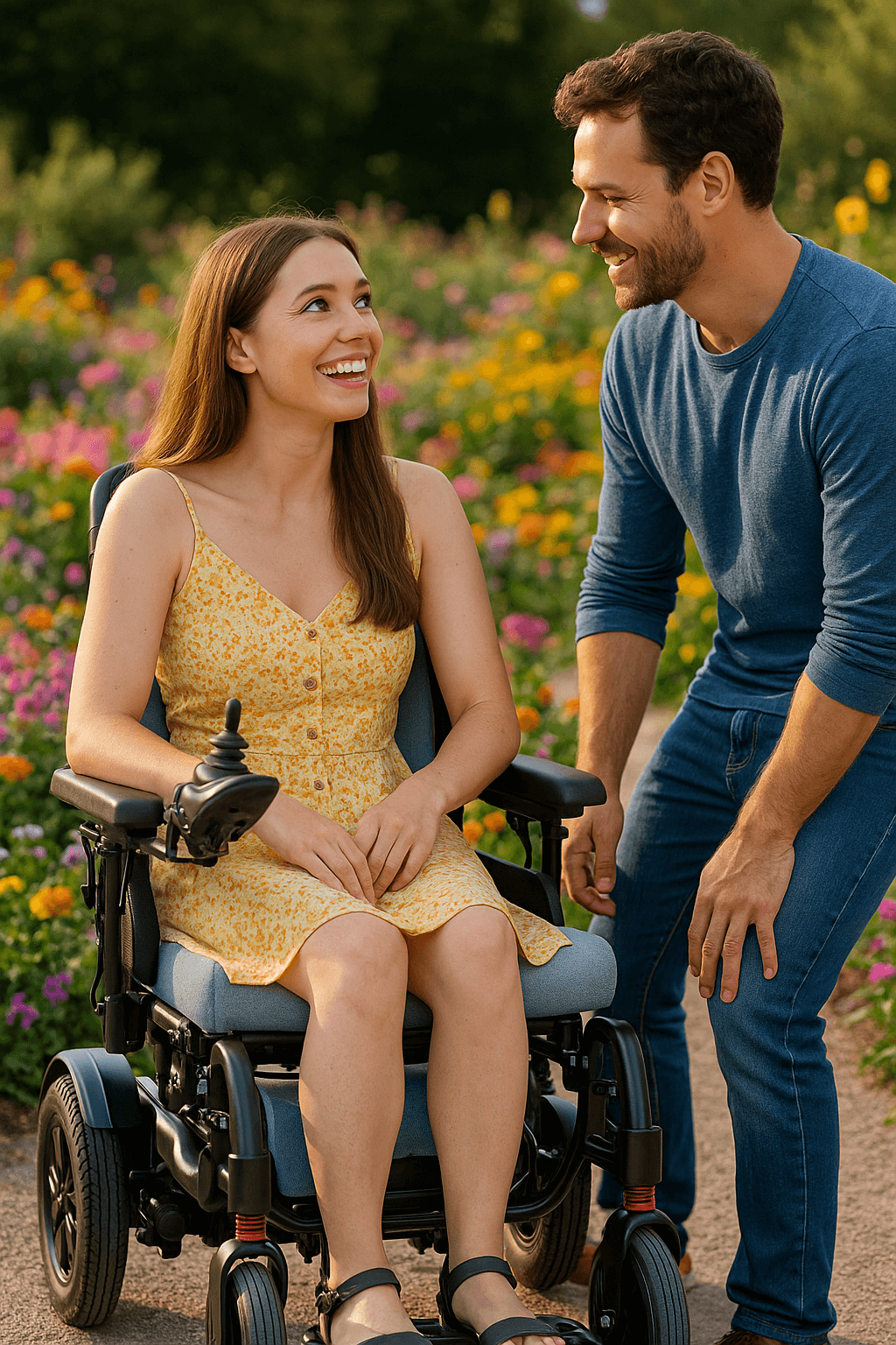 A person comfortably riding the MW9000UP electric wheelchair outdoors on a paved path, highlighting its comfort and mobility.