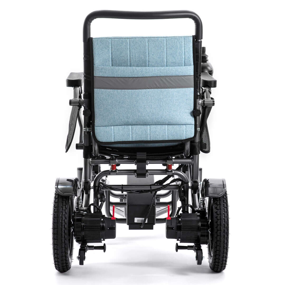 Close-up of the dual 600W motors and robust all-terrain wheels on the MW9000UP electric wheelchair, showcasing its power and suspension.