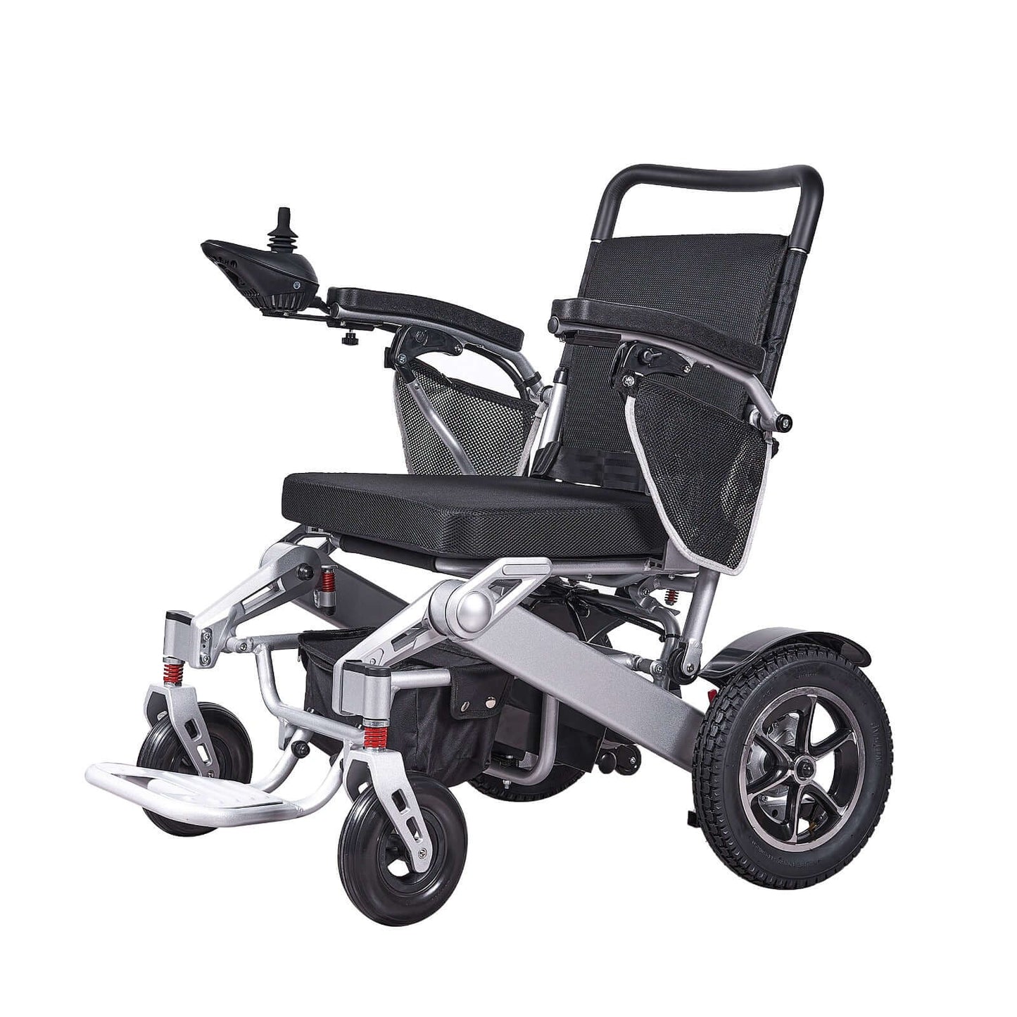 Side view of the MW9000 electric wheelchair, highlighting its sleek design and durable magnesium-aluminum alloy frame.