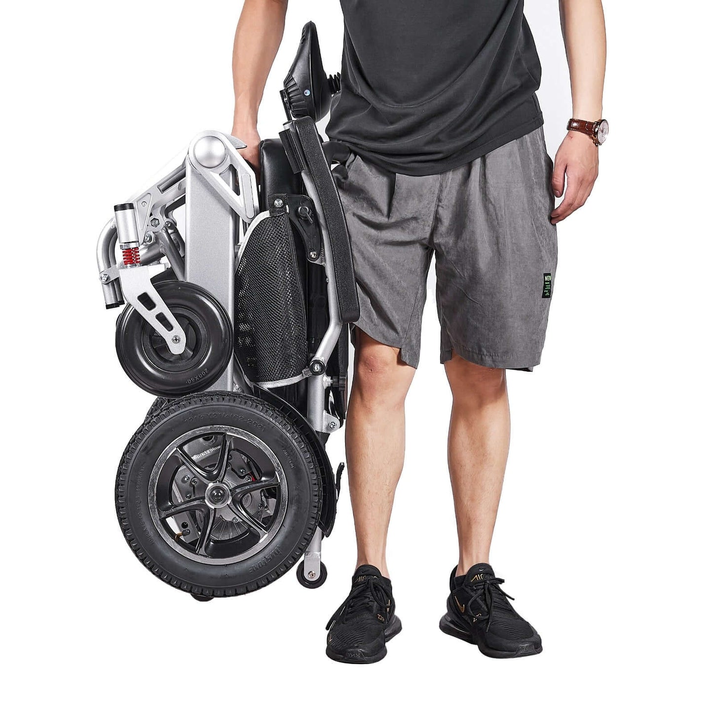 View of the MW9000 electric wheelchair in its compact folded state.