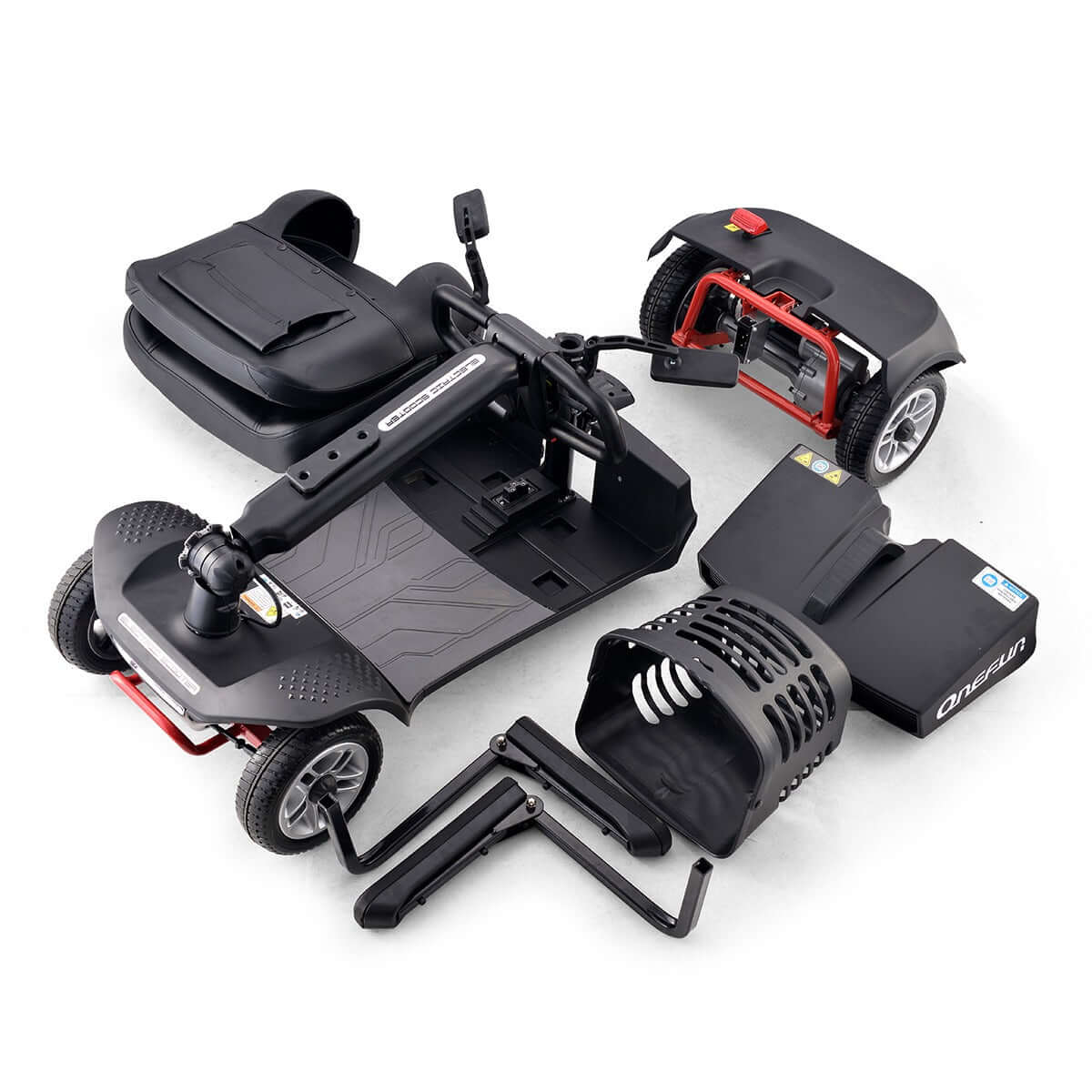 Compact MS018 mobility scooter disassembled for easy travel

