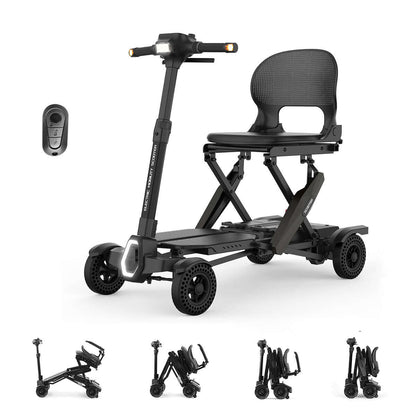 MS310AF mobility scooter in various stages of automatic folding / unfolding using remote control