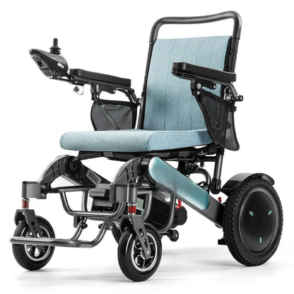 A sleek MW9000UP Electric Wheelchair with a magnesium-aluminum alloy frame, featuring a cushioned seat, 360° joystick controller, and 12-inch pneumatic rear wheels