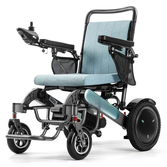 A sleek MW9000UP Electric Wheelchair with a magnesium-aluminum alloy frame, featuring a cushioned seat, 360° joystick controller, and 12-inch pneumatic rear wheels