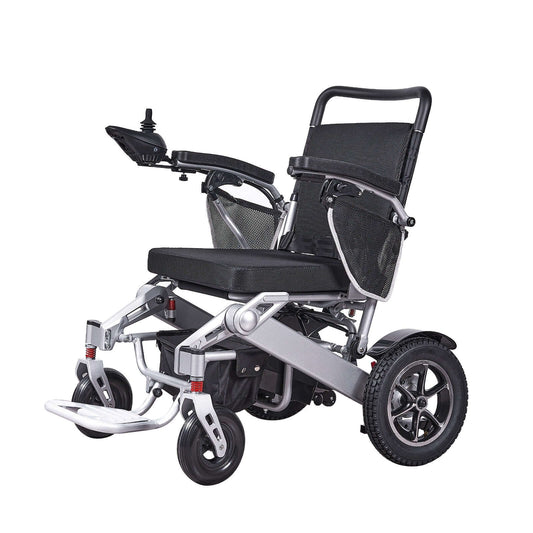 Side view of the MW9000 electric wheelchair, highlighting its sleek design and durable magnesium-aluminum alloy frame.