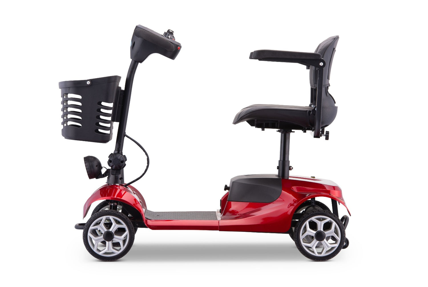 Core Mobility Scooter side view showcasing Tiller with controller, shopping basket, 360° Swivel Leather Seat and large wheels for uneven terrain.